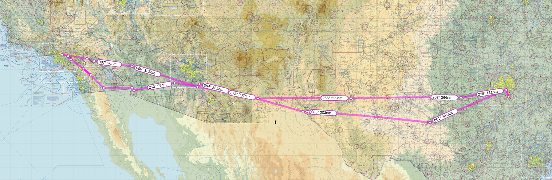 The route of the flight, plotted on an aviation chart display