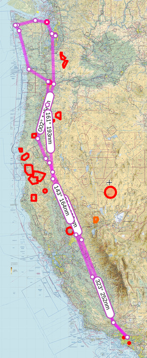 Aviatin chart map of the western United States. A magenta line traces the route of the flights on this trip.  Red areas mark closed airspace, nearly all of them because of forest fires